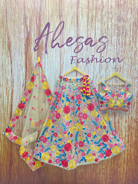 Cream Floral Embroidery Sequence Work Wedding Wear Designer Lehenga Choli