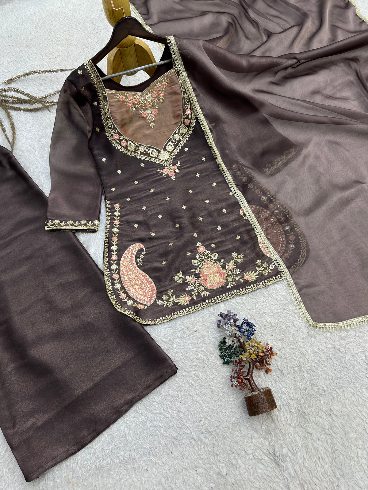 Coffee Brown Embroidered Palazzo Suit with Dupatta