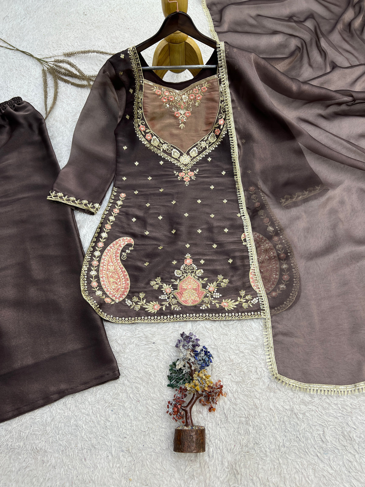 Coffee Brown Embroidered Palazzo Suit with Dupatta