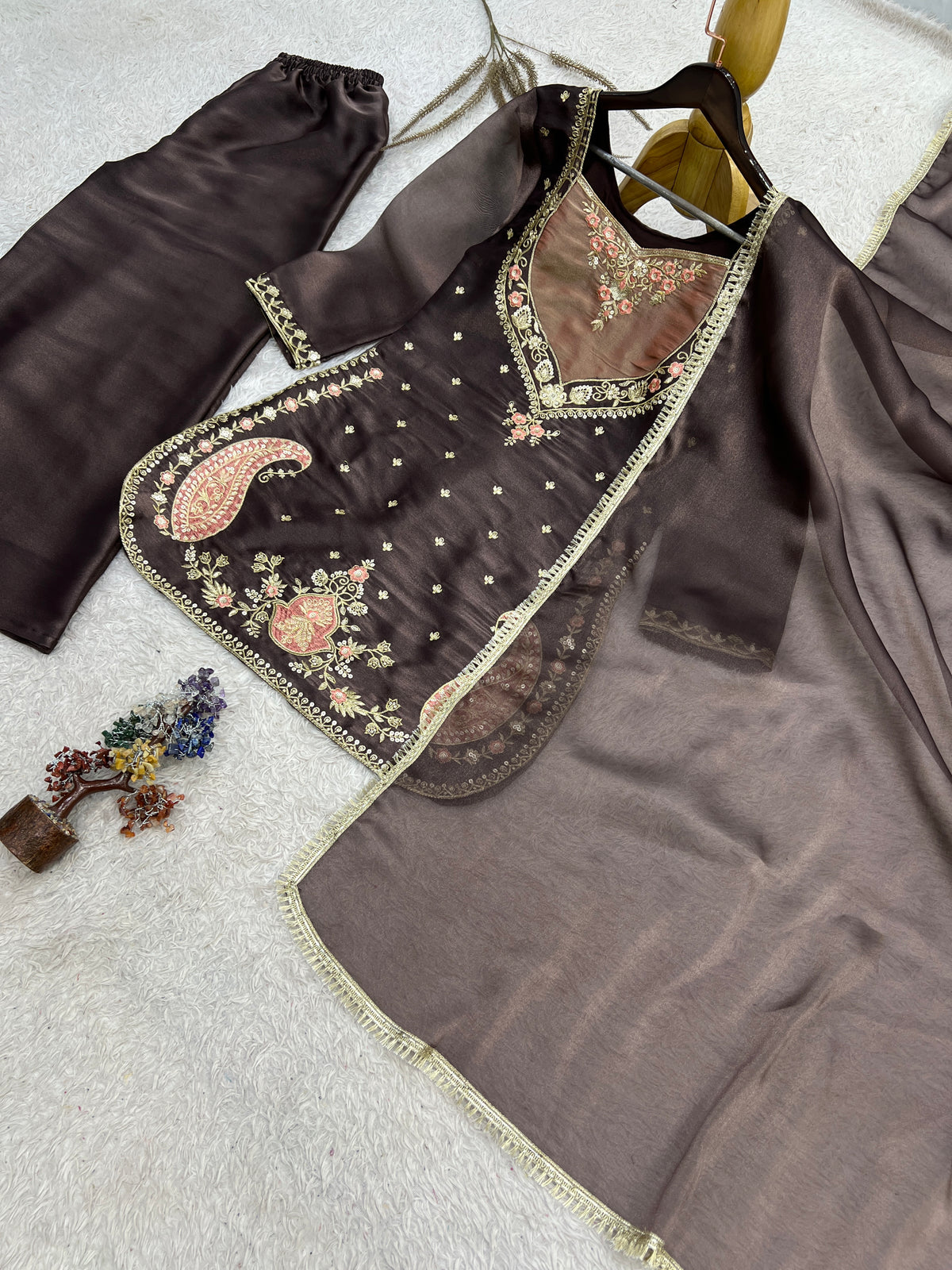 Coffee Brown Embroidered Palazzo Suit with Dupatta