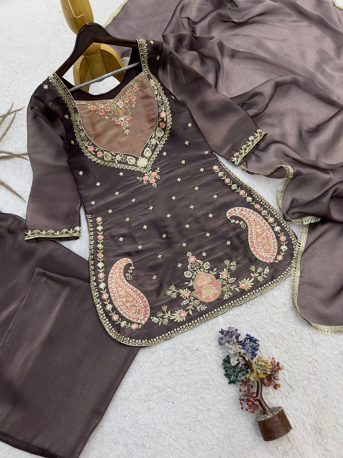 Coffee Brown Embroidered Palazzo Suit with Dupatta