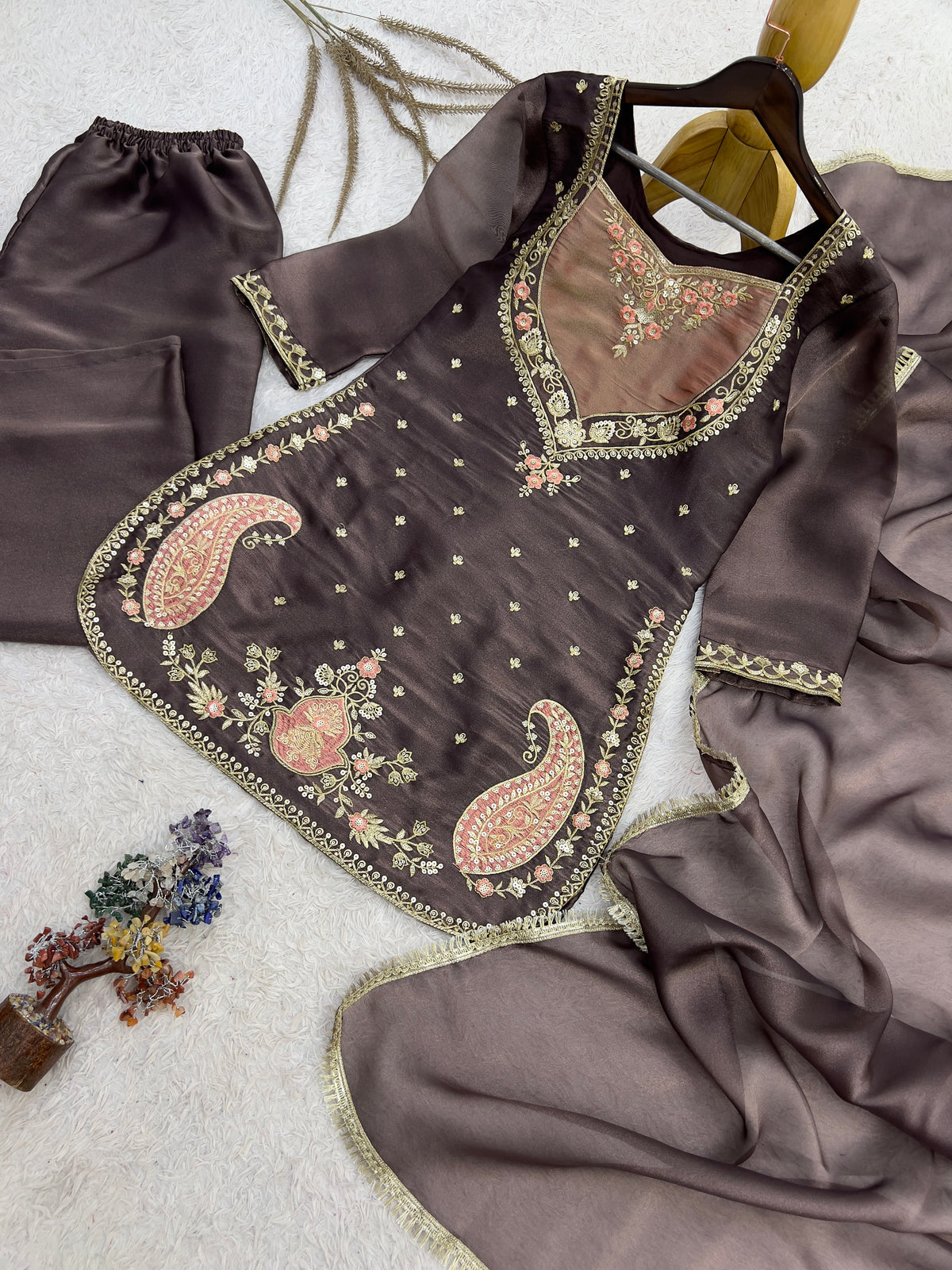 Coffee Brown Embroidered Palazzo Suit with Dupatta