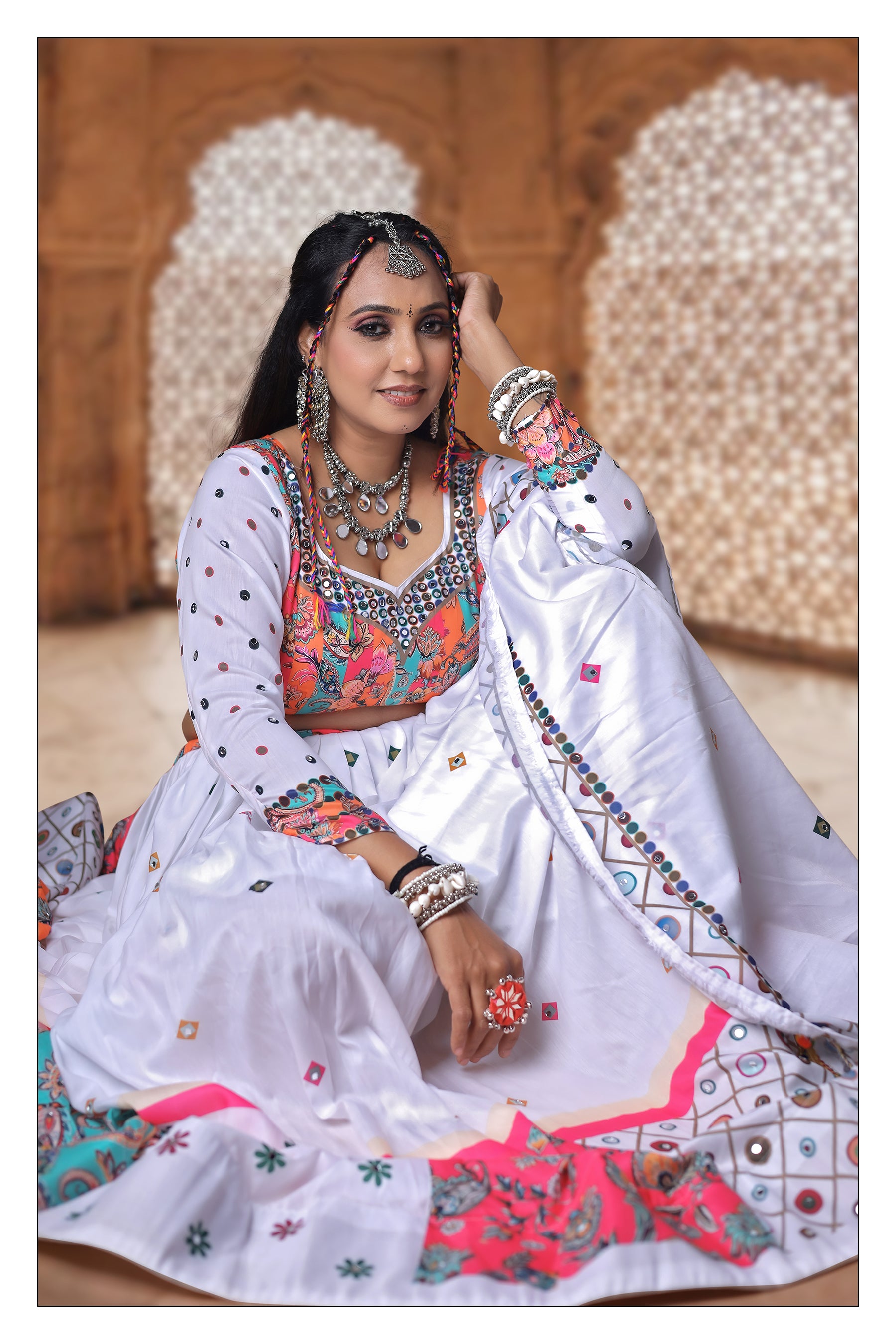 White Color Muslin  With Digital Print Real Mirror Lehenga Choli