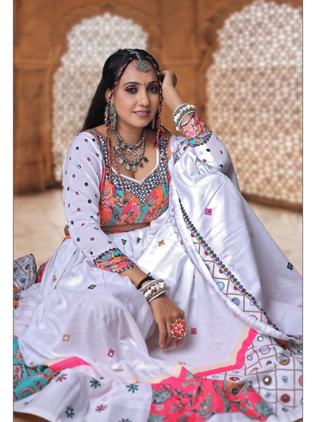 White Color Muslin  With Digital Print Real Mirror Lehenga Choli