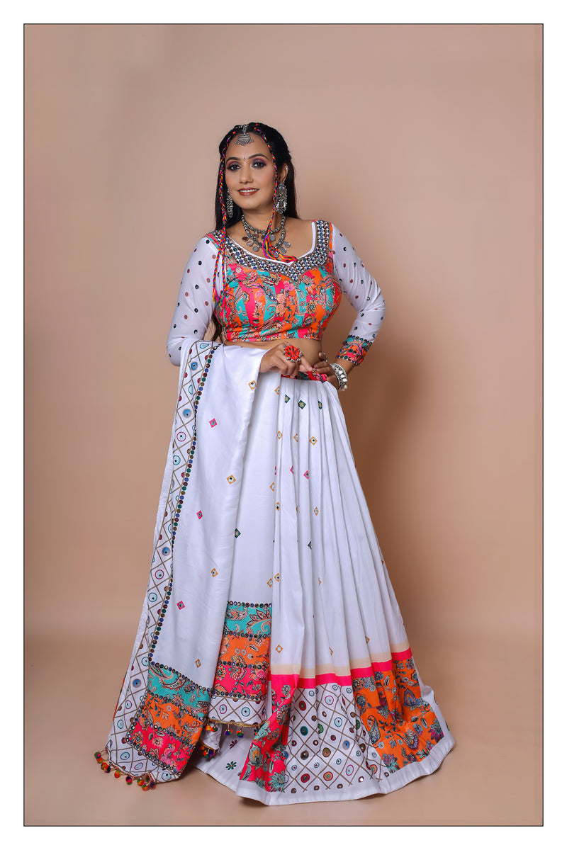 White Color Muslin Cotton With Digital Print Real Mirror Lehenga Choli Set