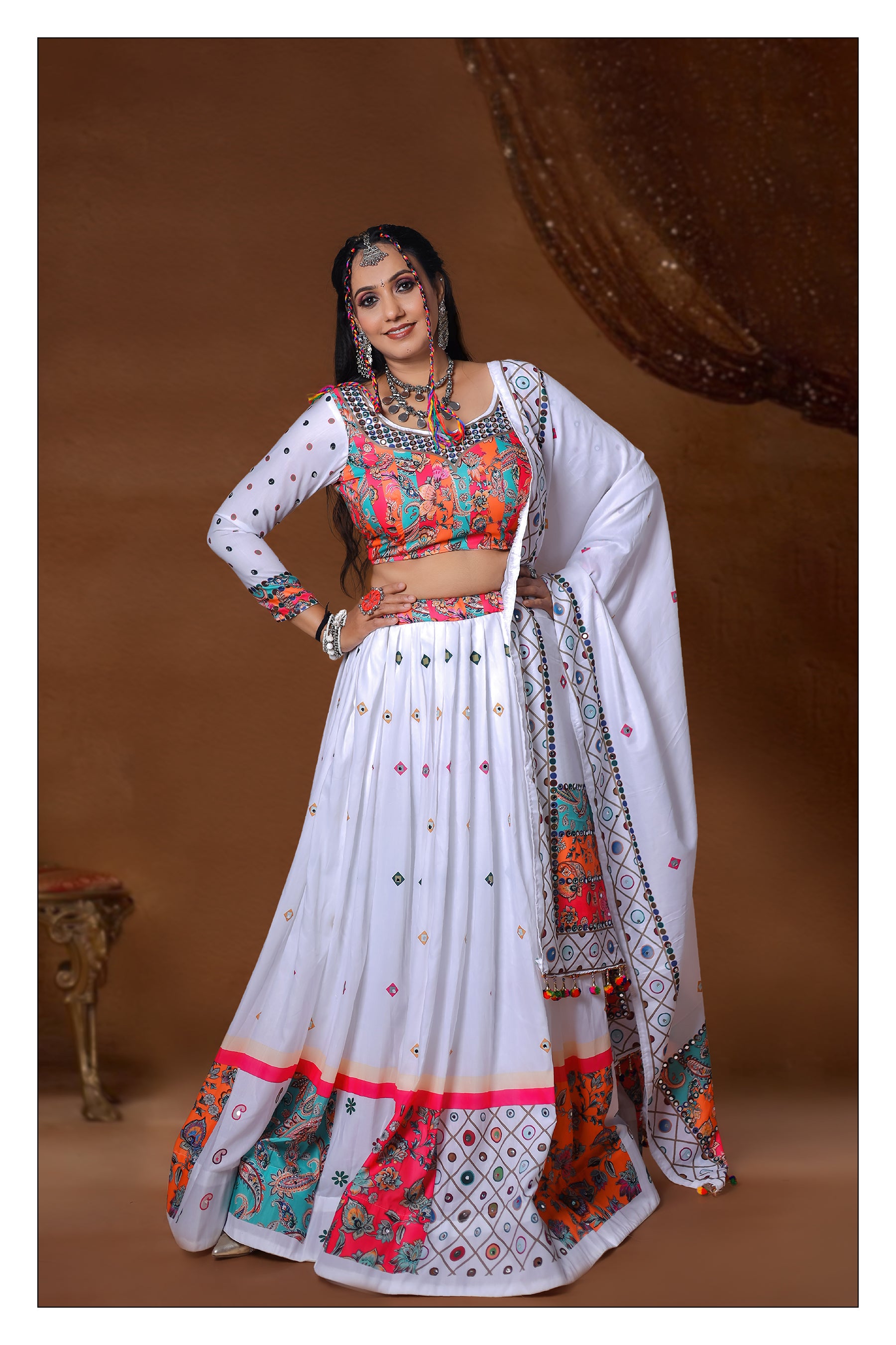White Color Muslin  With Digital Print Real Mirror Lehenga Choli