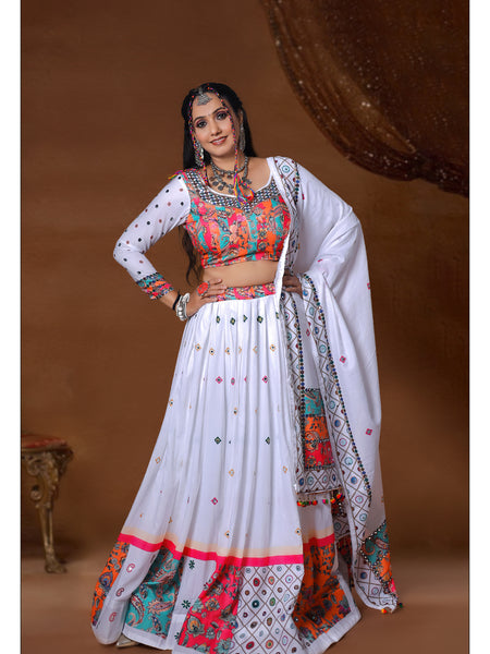 White Color Muslin  With Digital Print Real Mirror Lehenga Choli