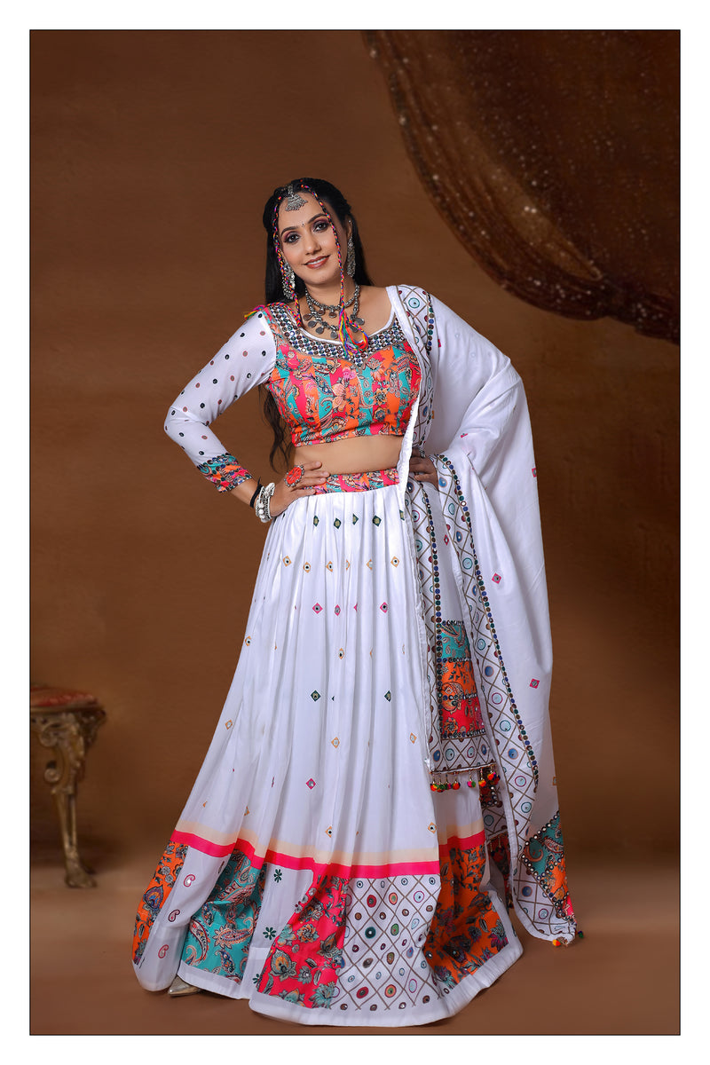 White Color Muslin Cotton With Digital Print Real Mirror Lehenga Choli Set