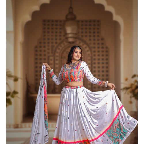 White Color Muslin  With Digital Print Real Mirror Lehenga Choli