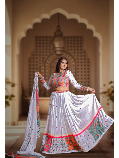 White Color Muslin  With Digital Print Real Mirror Lehenga Choli