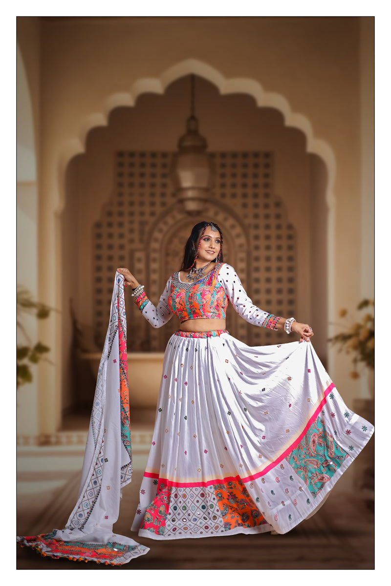 White Color Muslin Cotton With Digital Print Real Mirror Lehenga Choli Set