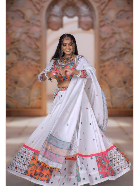 White Color Muslin  With Digital Print Real Mirror Lehenga Choli
