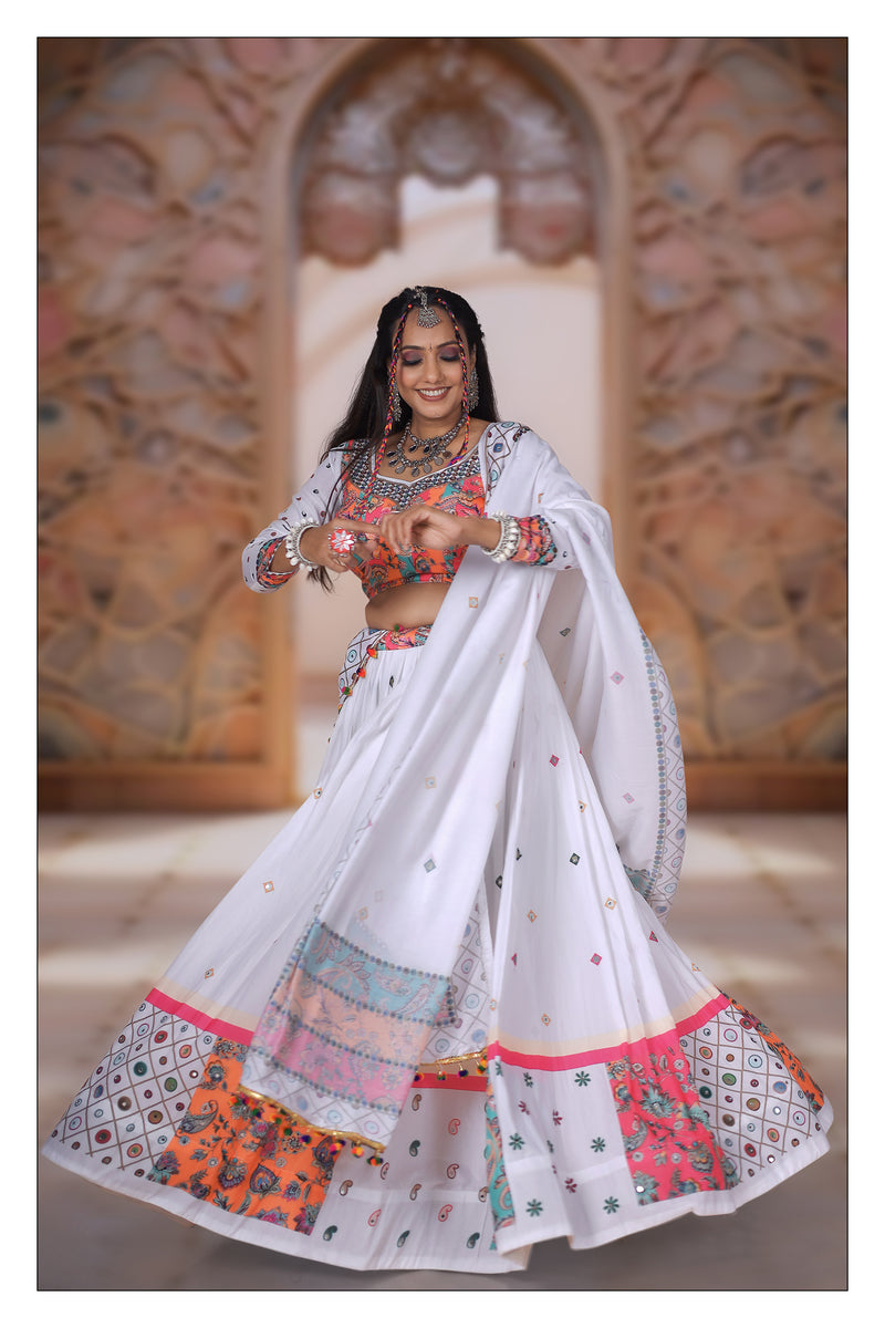 White Color Muslin Cotton With Digital Print Real Mirror Lehenga Choli Set