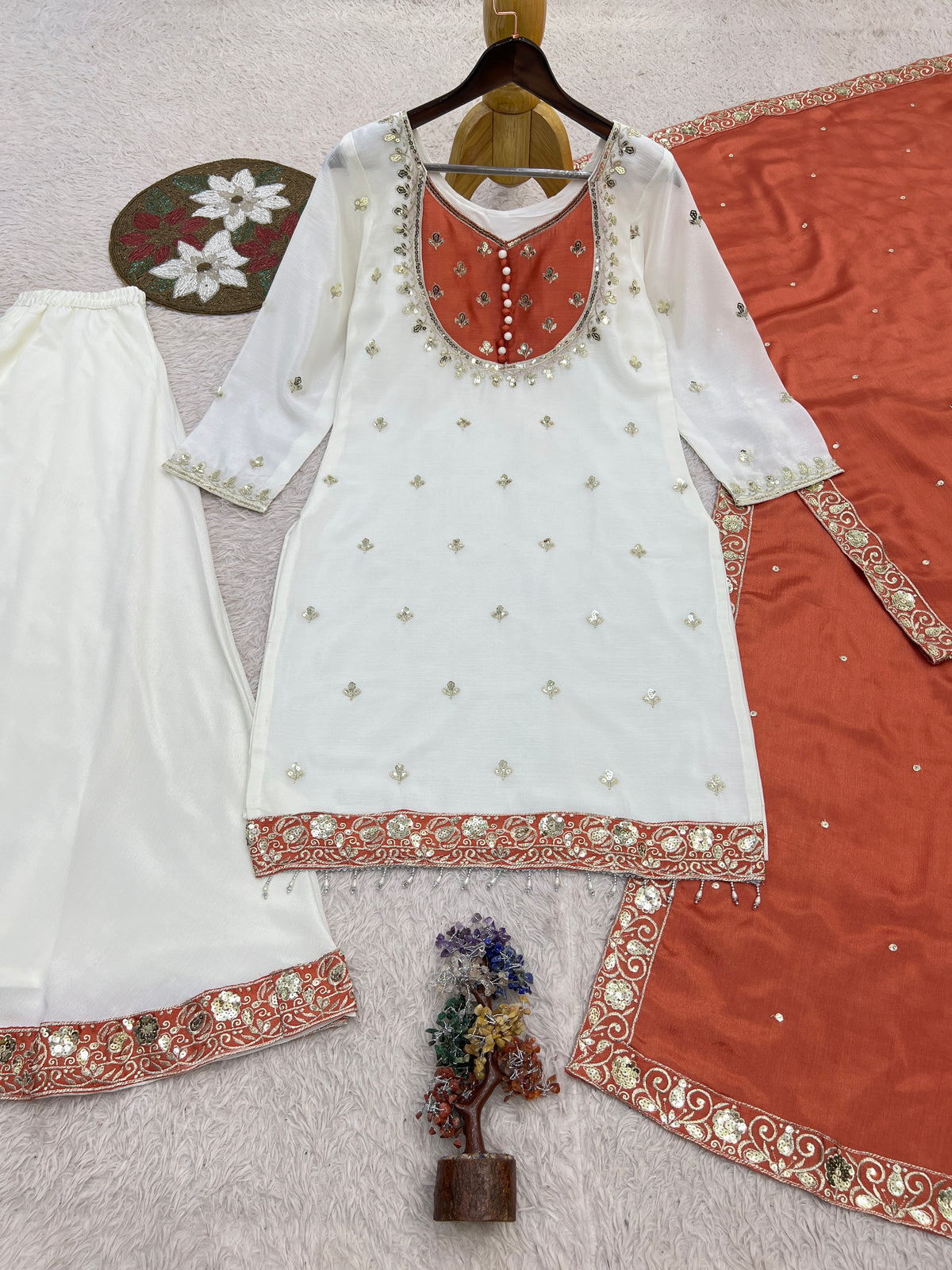 White & Rust Orange Embroidered Sharara Suit with Dupatta