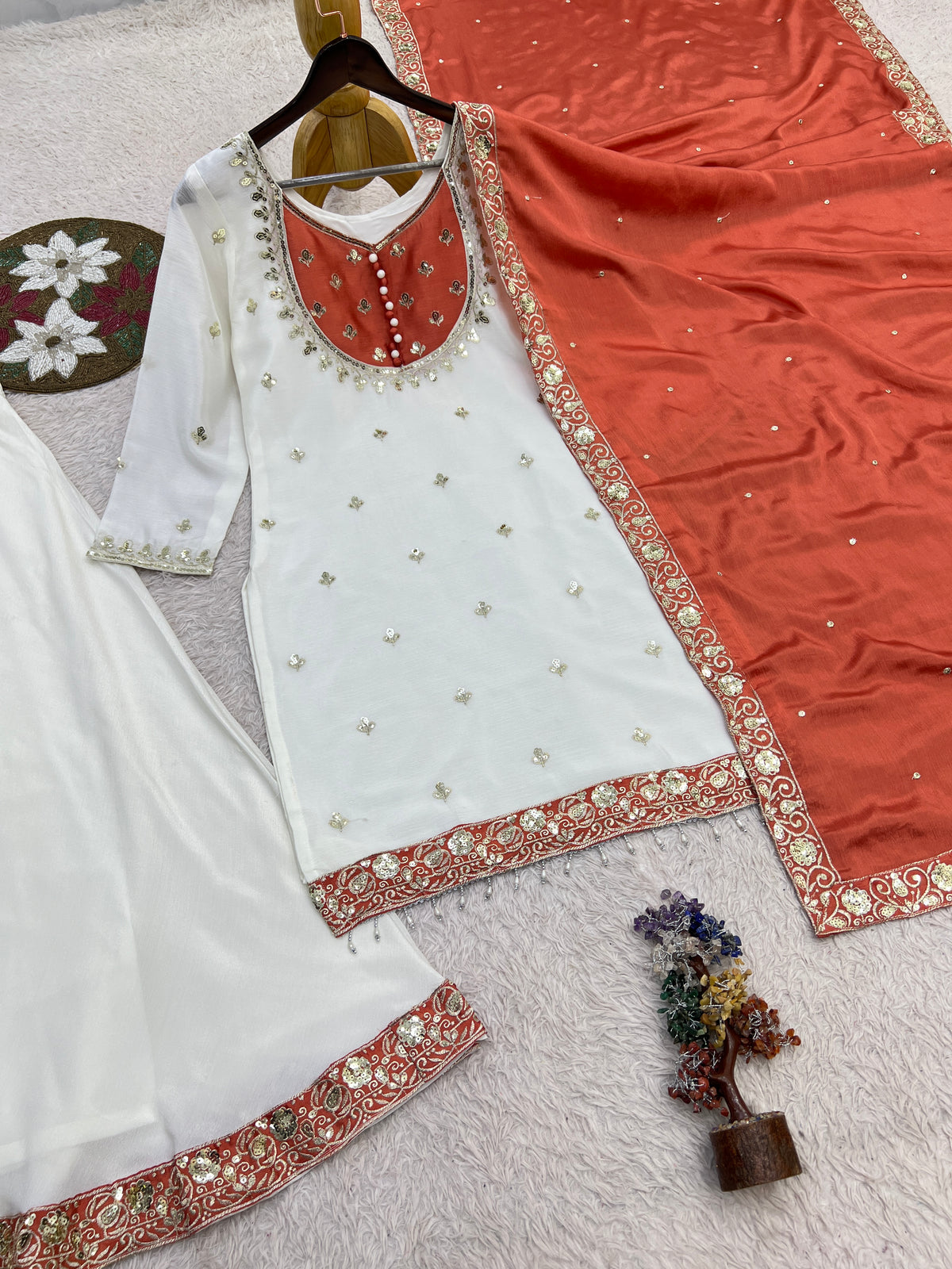 White & Rust Orange Embroidered Sharara Suit with Dupatta