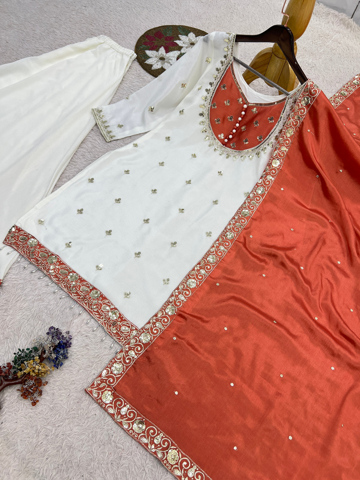 White & Rust Orange Embroidered Sharara Suit with Dupatta