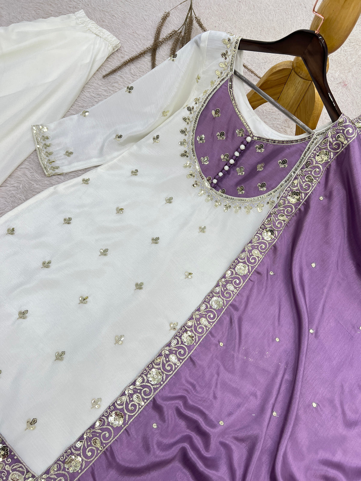 White & Purple Embroidered Sharara Suit with Dupatta