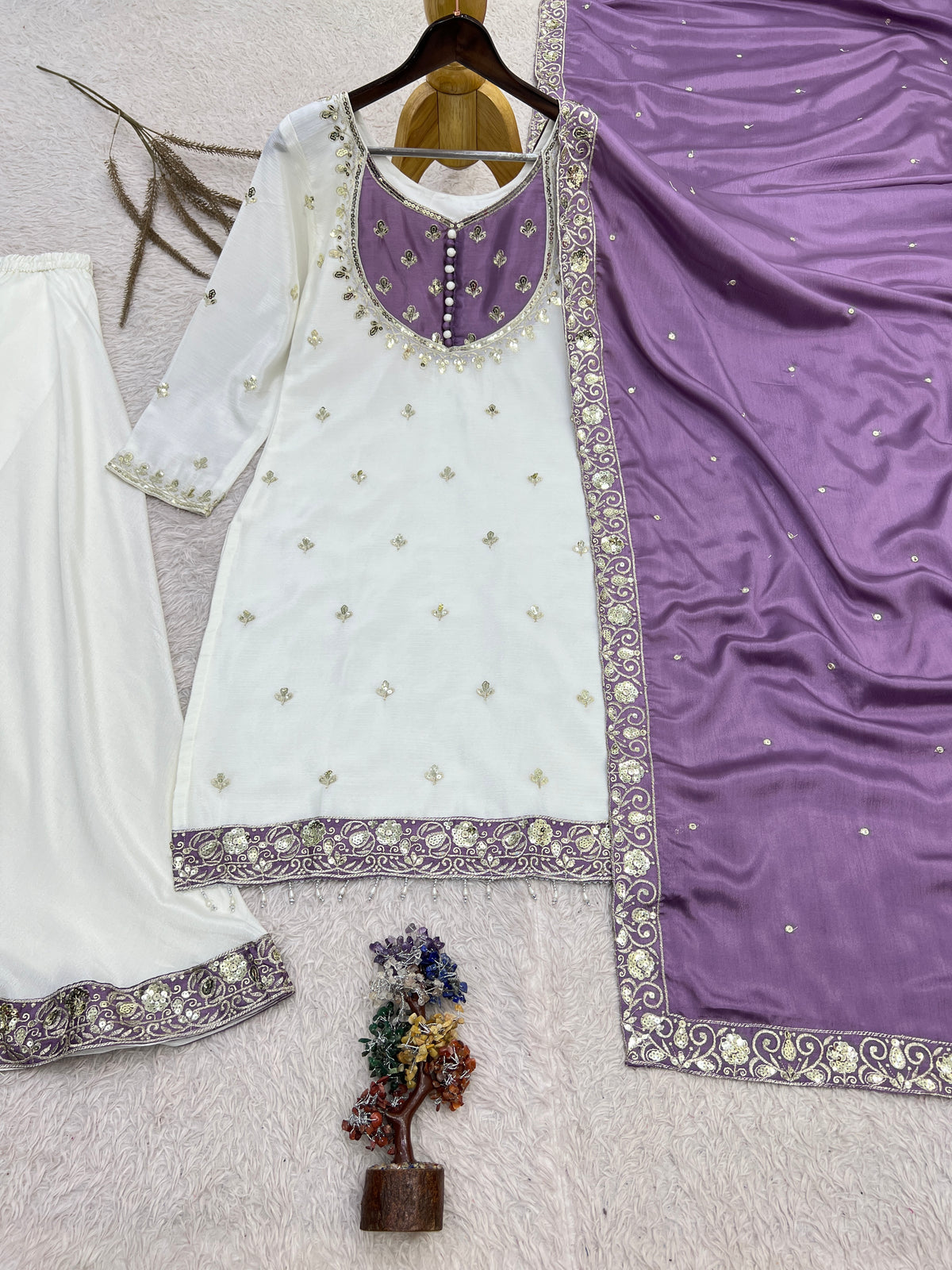 White & Purple Embroidered Sharara Suit with Dupatta