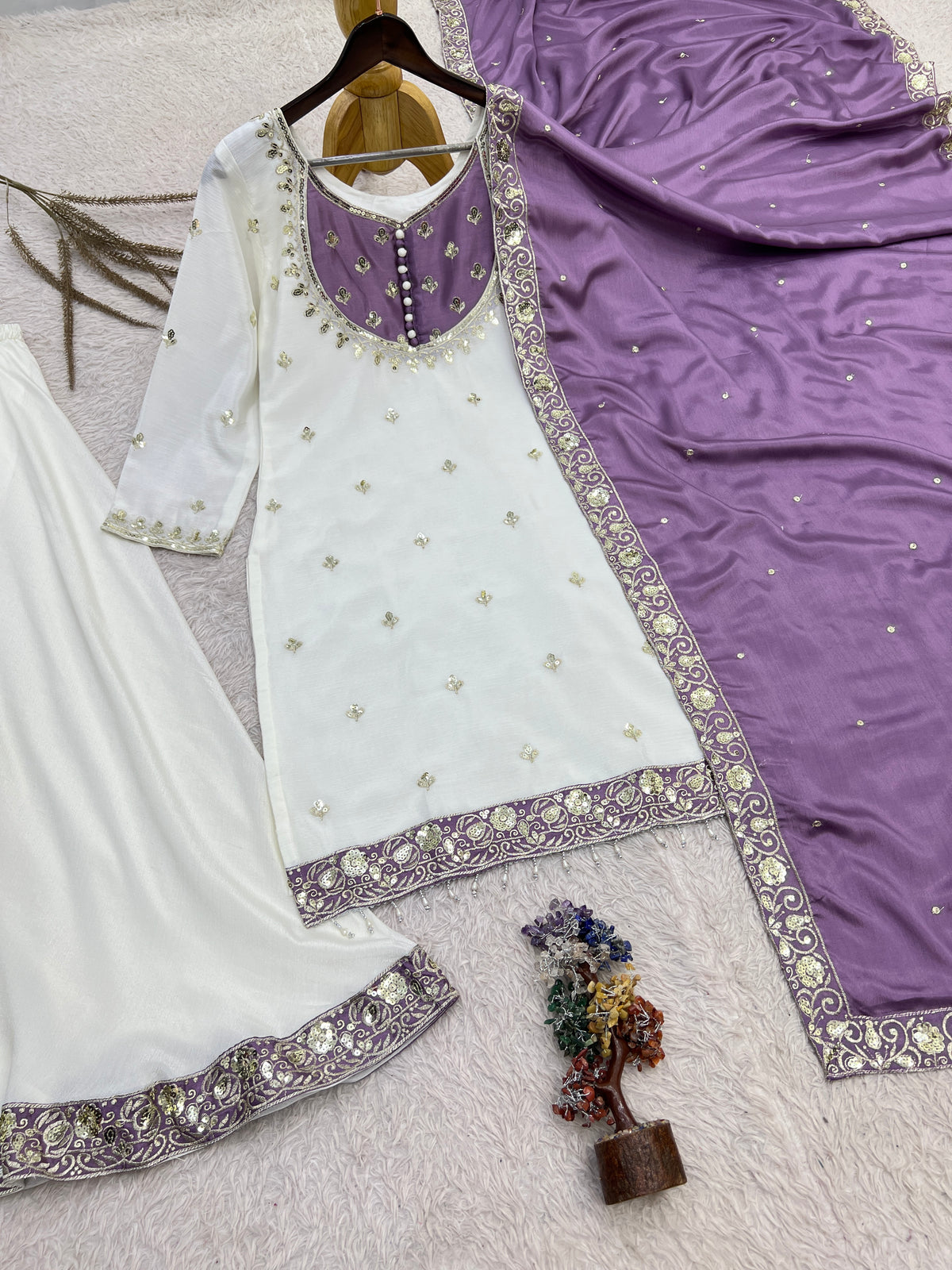 White & Purple Embroidered Sharara Suit with Dupatta