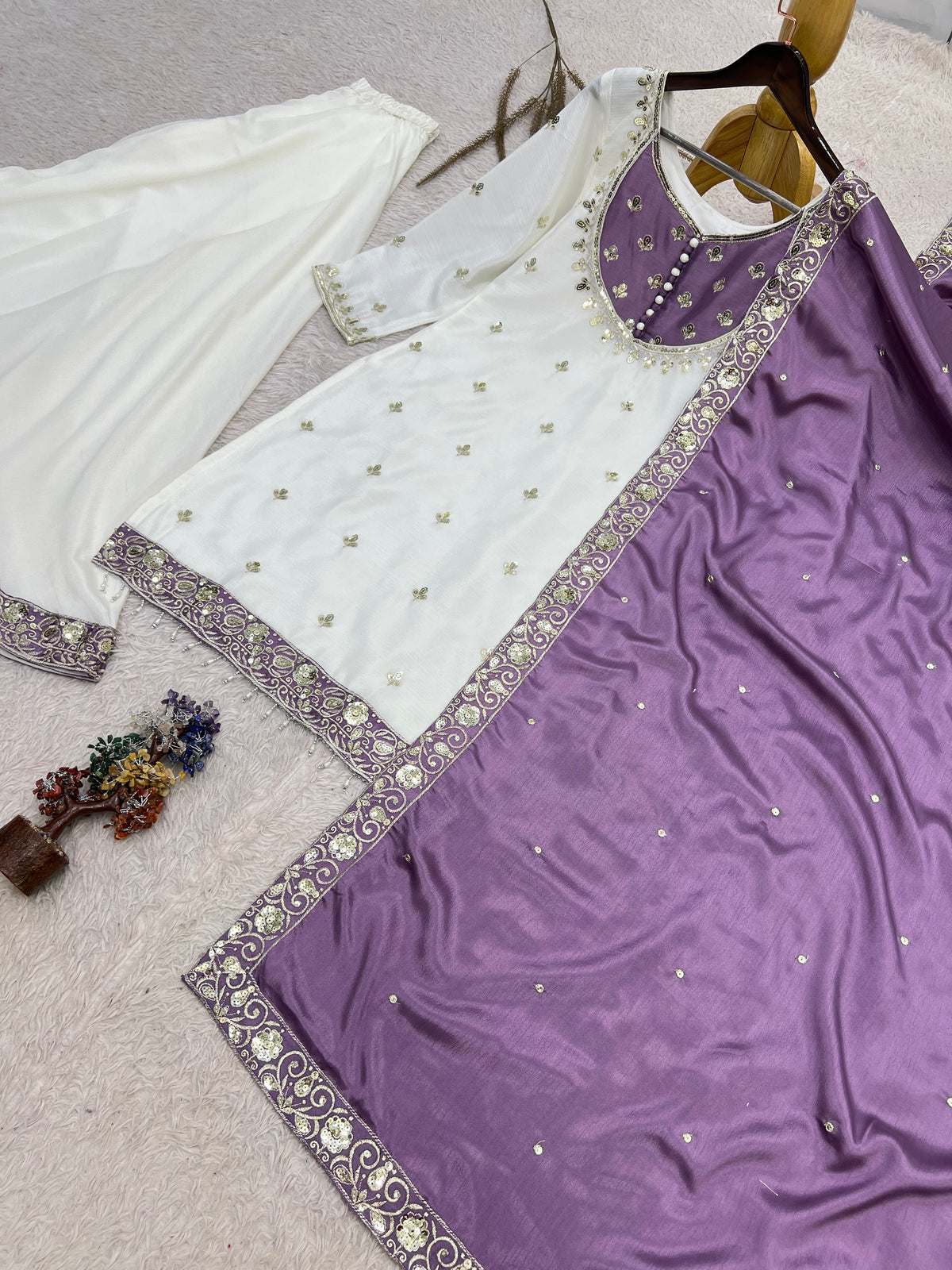 White & Purple Embroidered Sharara Suit with Dupatta