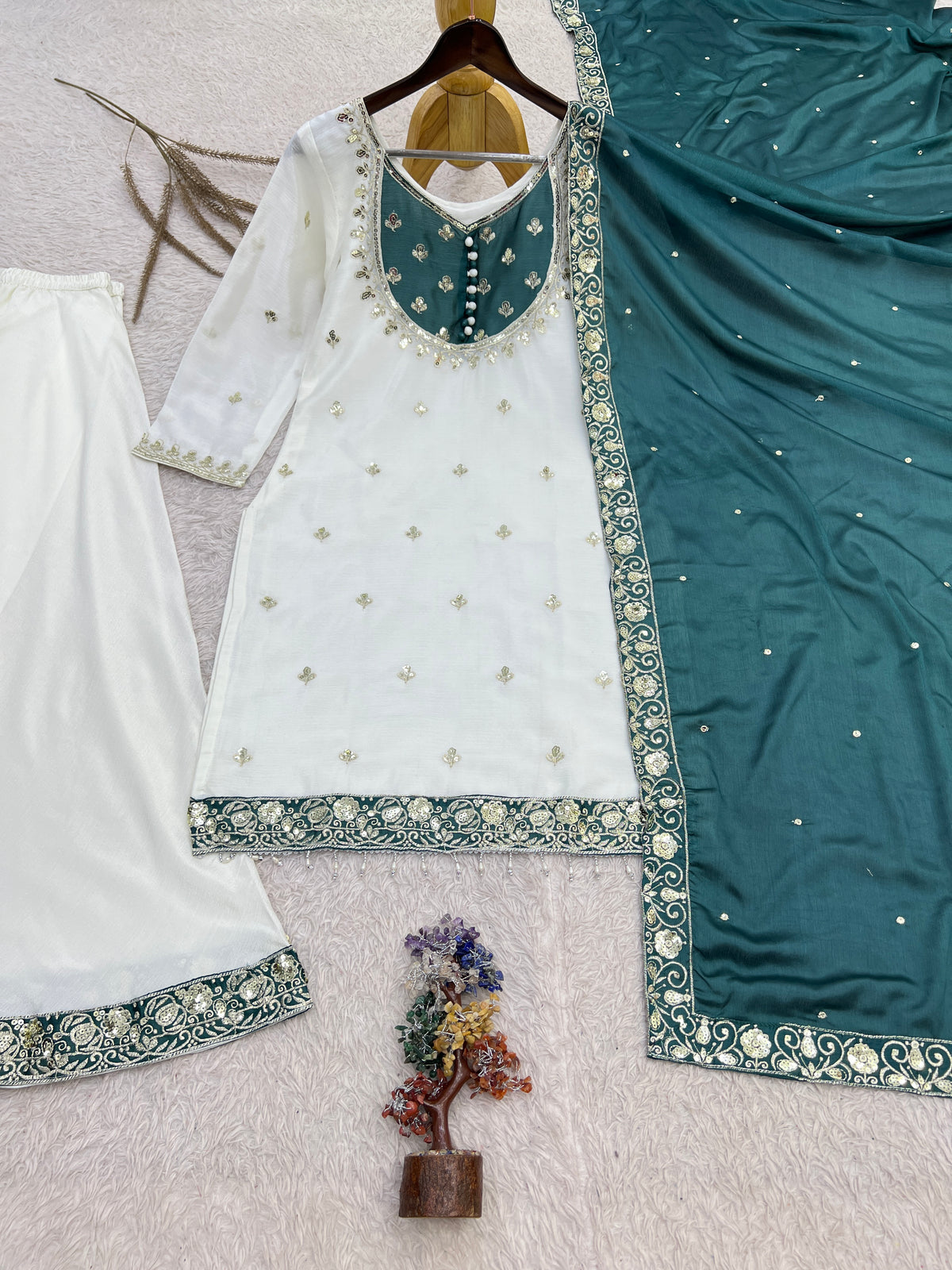 White & Deep Teal Green Embroidered Sharara Suit with Dupatta