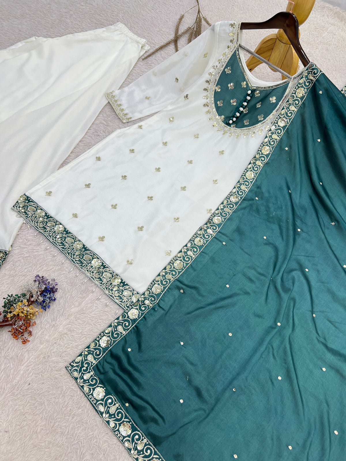 White & Deep Teal Green Embroidered Sharara Suit with Dupatta