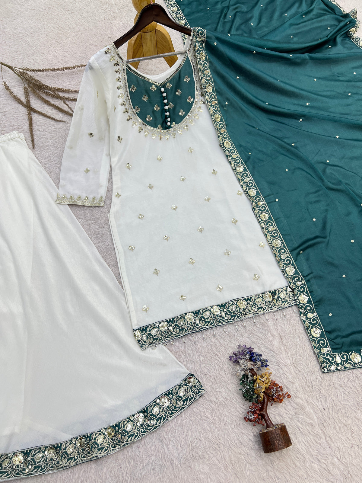 White & Deep Teal Green Embroidered Sharara Suit with Dupatta