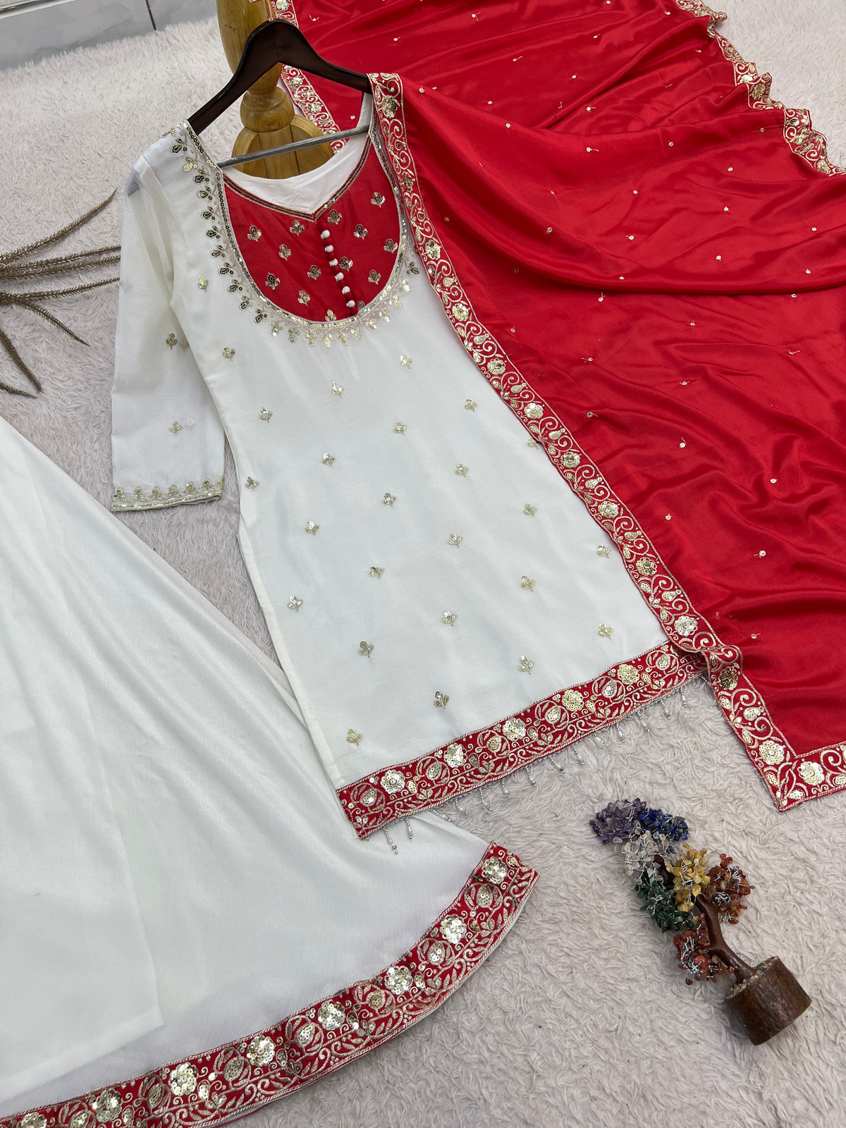White & Hot Red Embroidered Sharara Suit with Dupatta