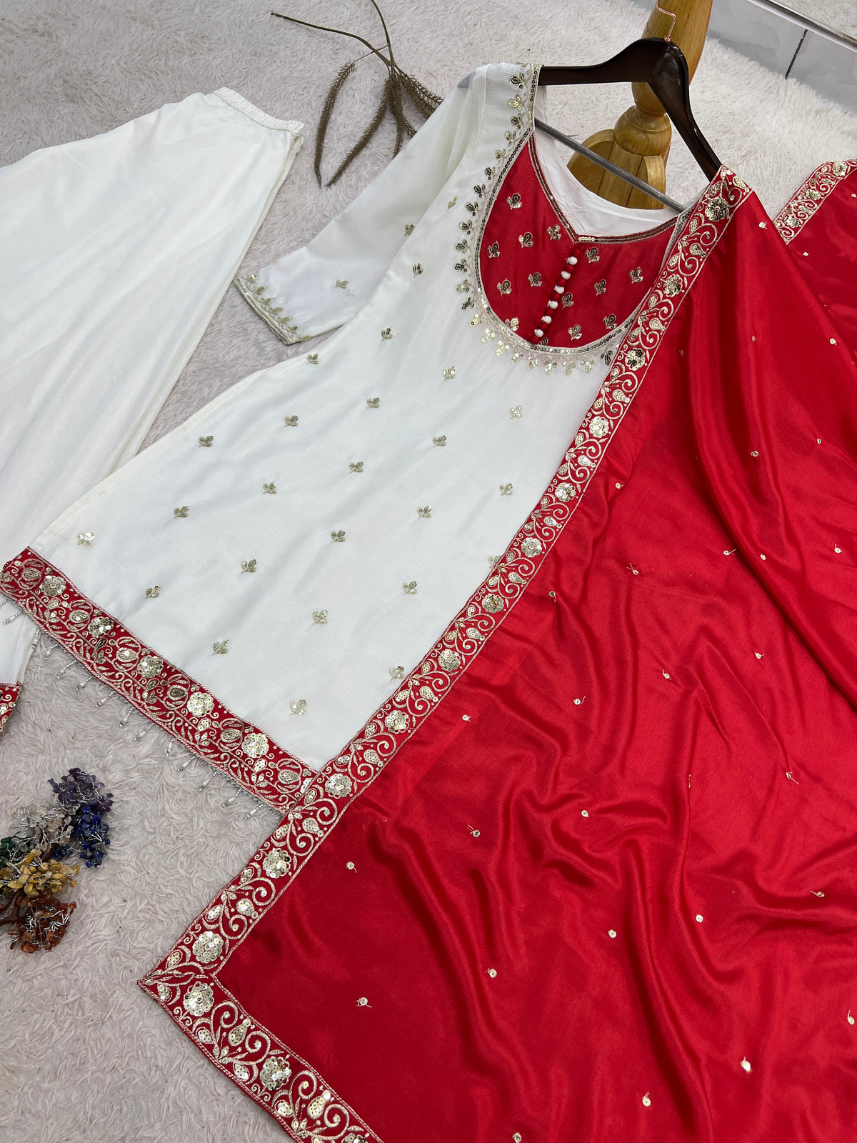 White & Hot Red Embroidered Sharara Suit with Dupatta