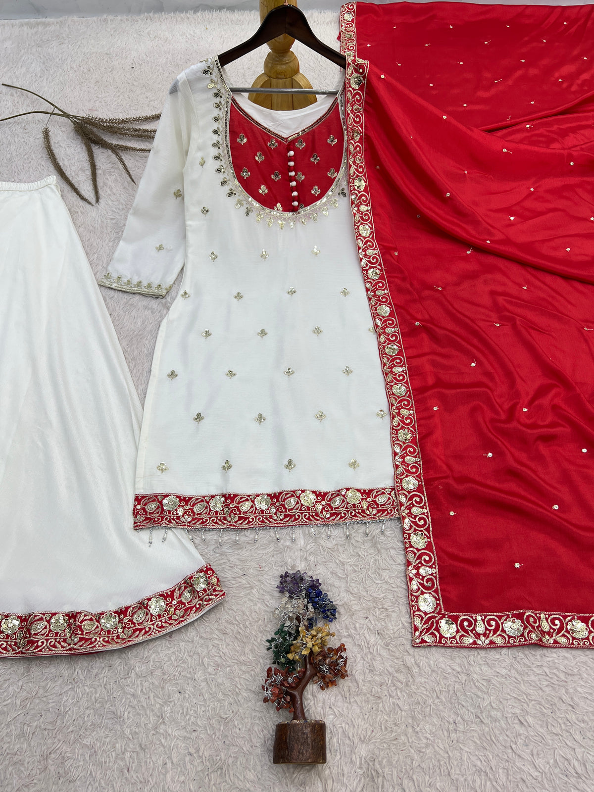 White & Hot Red Embroidered Sharara Suit with Dupatta
