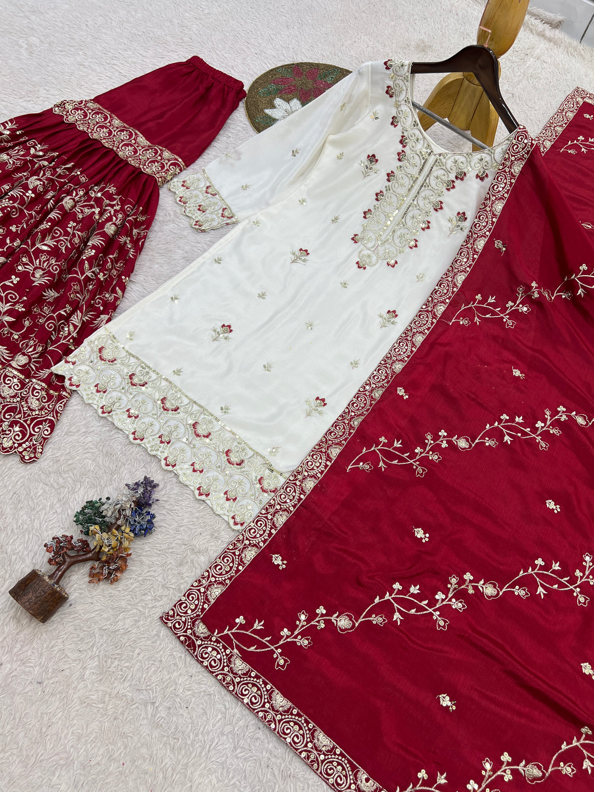 White & Deep Red Embroidered Sharara Suit with Dupatta