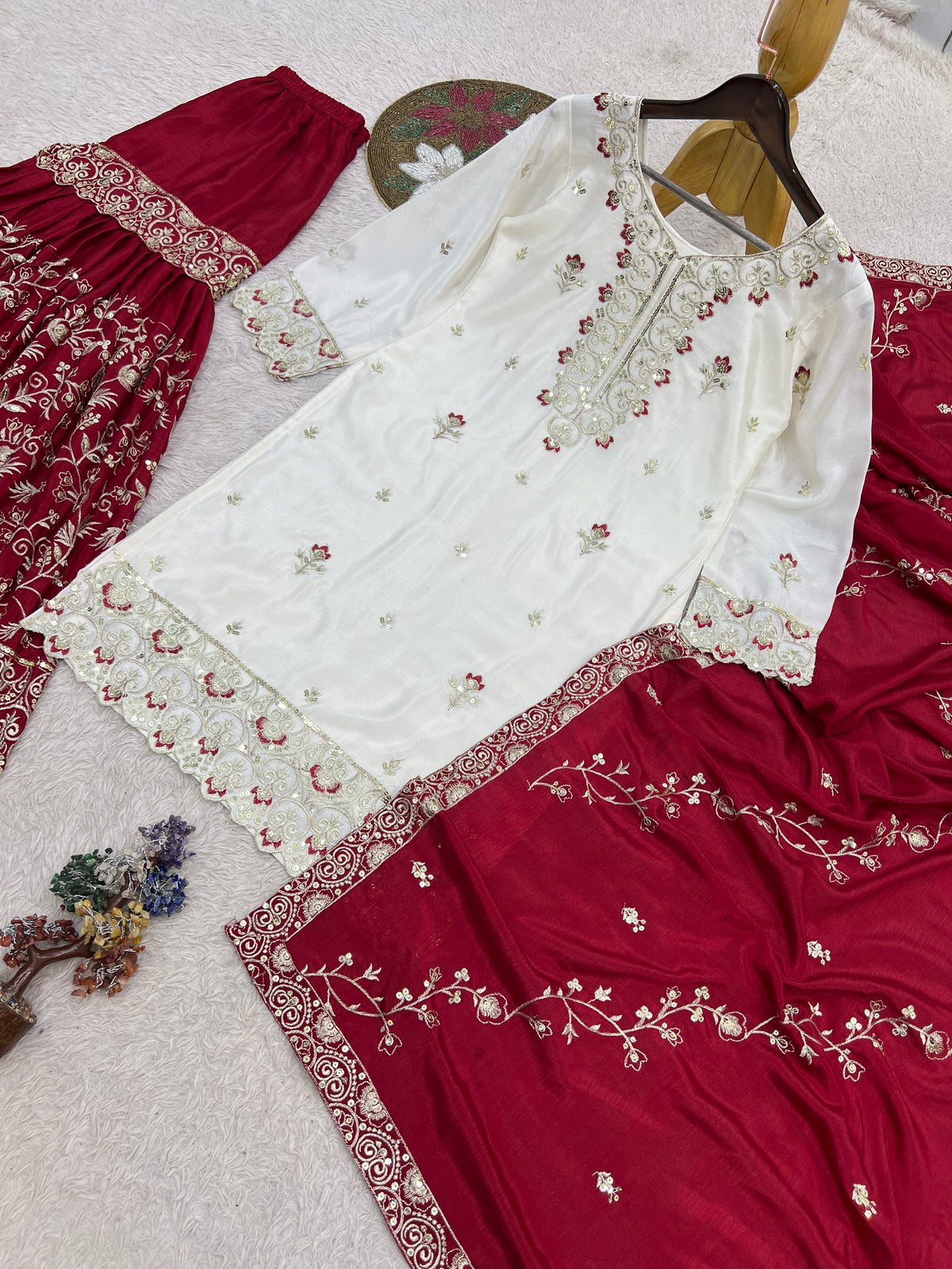 White & Deep Red Embroidered Sharara Suit with Dupatta