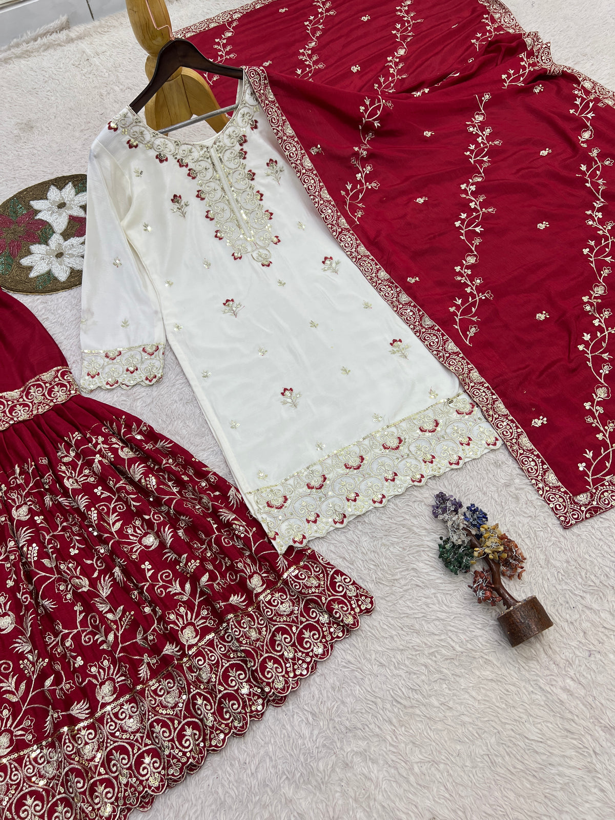 White & Deep Red Embroidered Sharara Suit with Dupatta