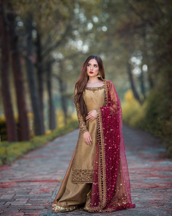 Golden Color Eid Special Designer Silk Embroidered Salwar Suit