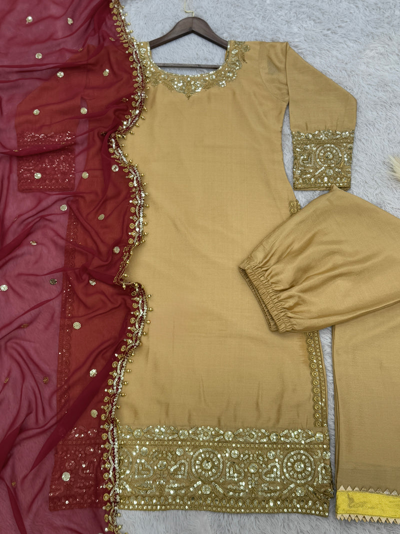 Golden Color Eid Special Designer Silk Embroidered Salwar Suit