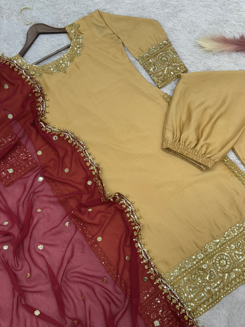 Golden Color Eid Special Designer Silk Embroidered Salwar Suit