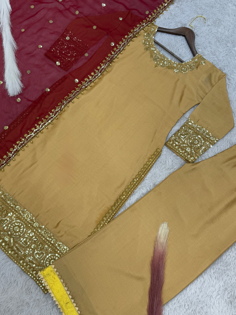 Golden Color Eid Special Designer Silk Embroidered Salwar Suit