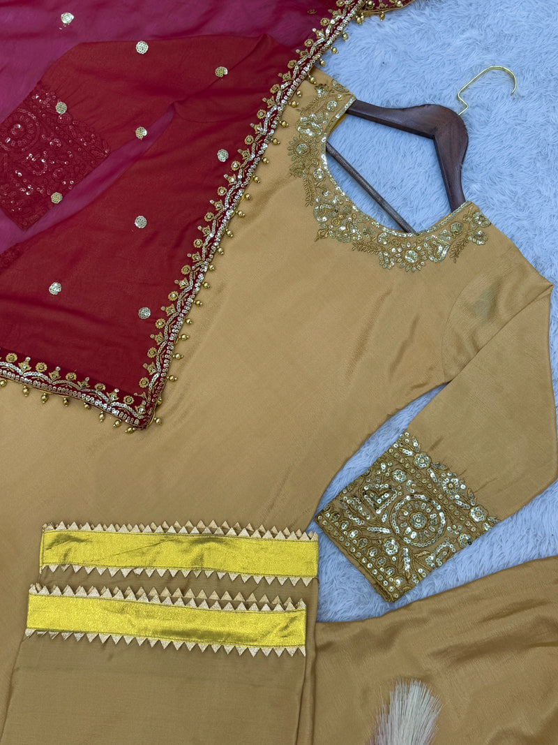 Golden Color Eid Special Designer Silk Embroidered Salwar Suit