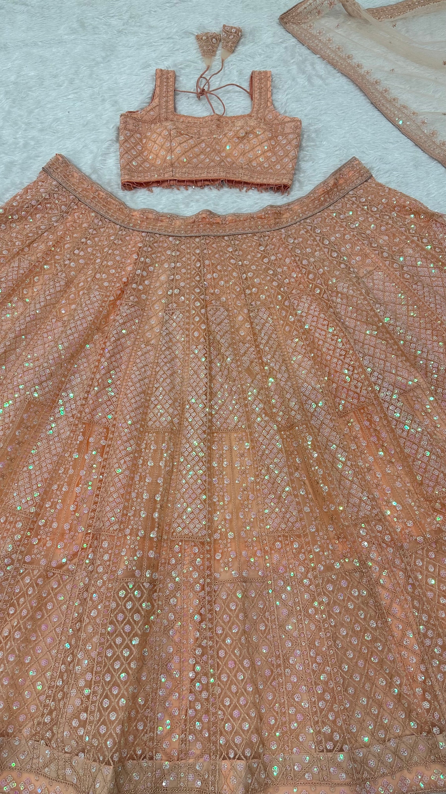 Peach Color Heavy Sequence Work Party Wear Lehenga