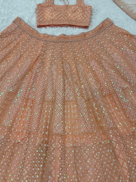 Peach Color Heavy Sequence Work Party Wear Lehenga