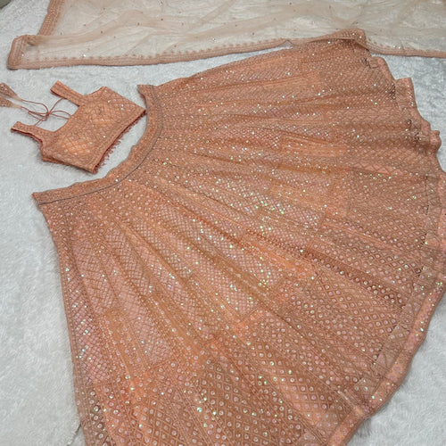 Peach Color Heavy Sequence Work Party Wear Lehenga