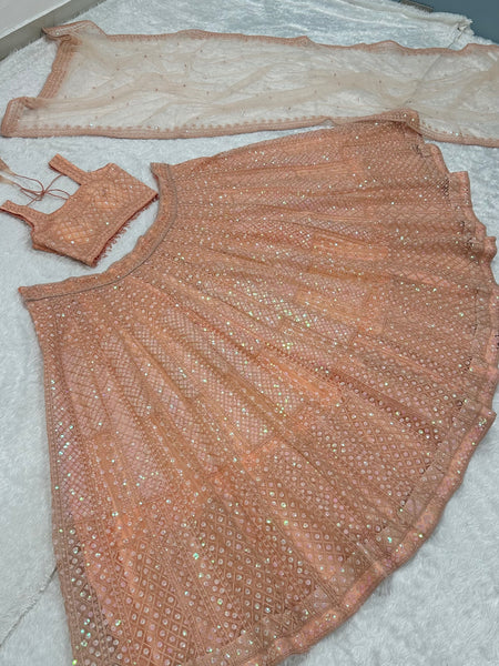Peach Color Heavy Sequence Work Party Wear Lehenga
