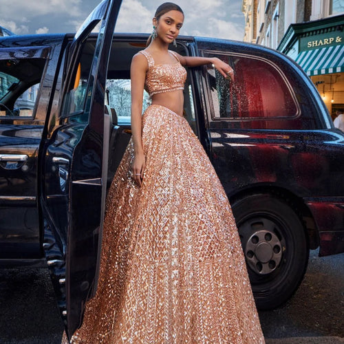 Peach Color Heavy Sequence Work Party Wear Lehenga