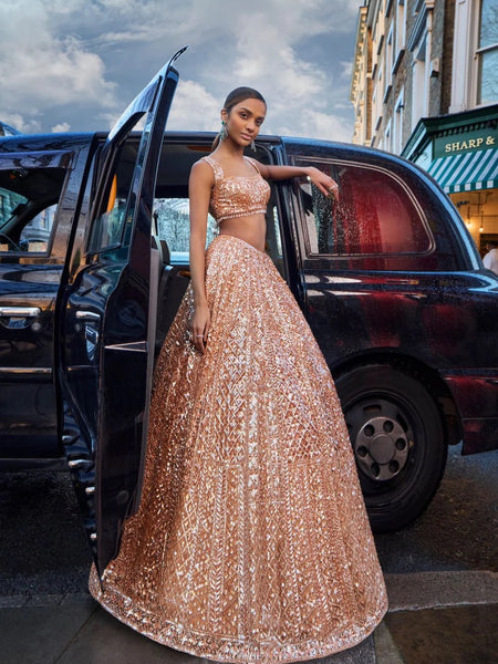 Peach Color Heavy Sequence Work Party Wear Lehenga