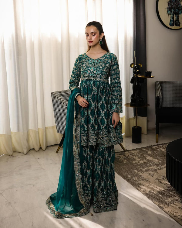 Dark Green Color Heavy Embroidered Work Georgette Sharara Suit