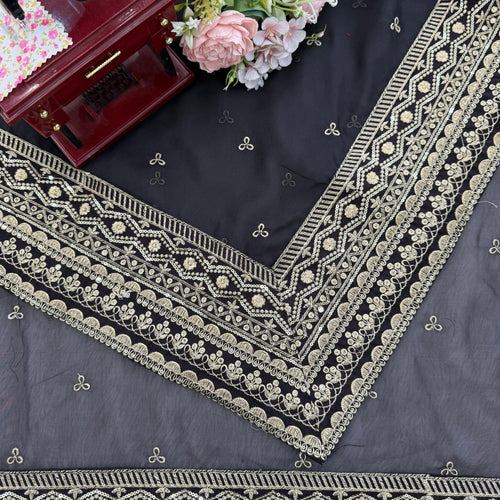 Black Color Embroidered Work Designer Silk Saree