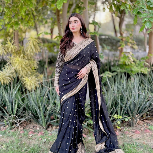 Black Color Embroidered Work Designer Silk Saree