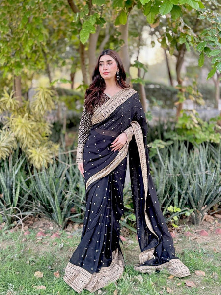 Black Color Embroidered Work Designer Silk Saree