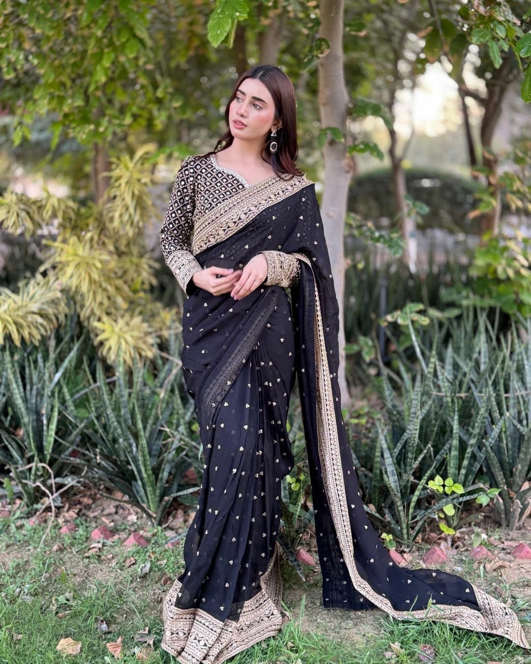 Black Color Embroidered Work Designer Silk Saree