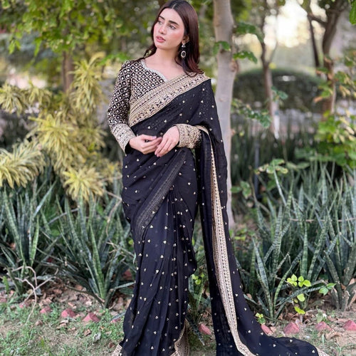 Black Color Embroidered Work Designer Silk Saree